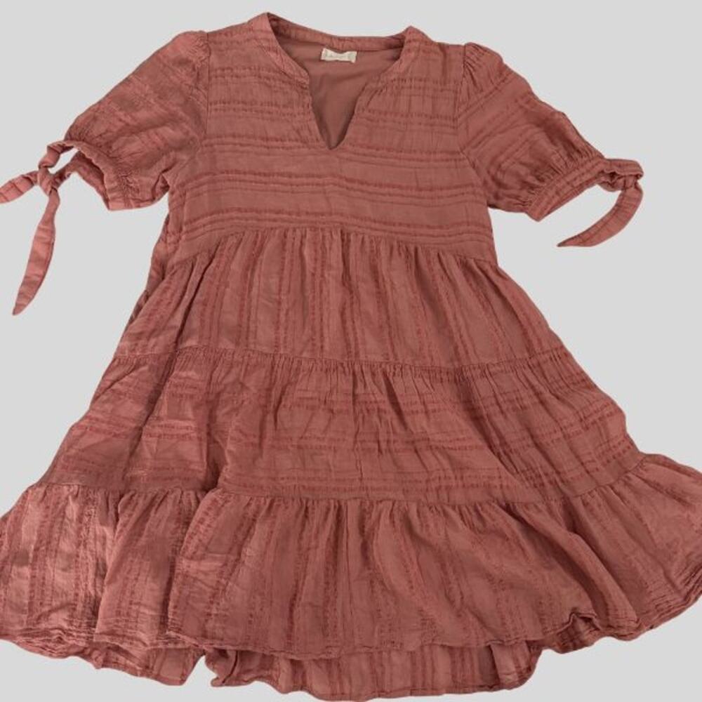 Altar'd State Pink Tiered Babydoll Dress Tie Sleeves Pockets Size S